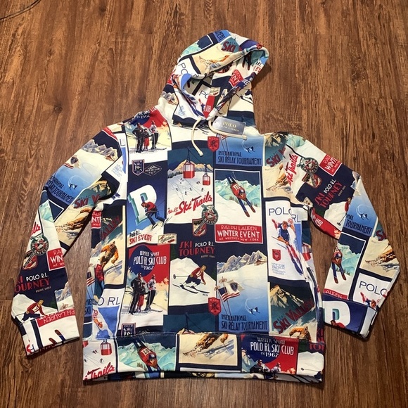 Men’s Polo Ralph Lauren Ski-Theme Fleece Patchwork Hoodie Men’s Size XL NWT - Picture 2 of 10
